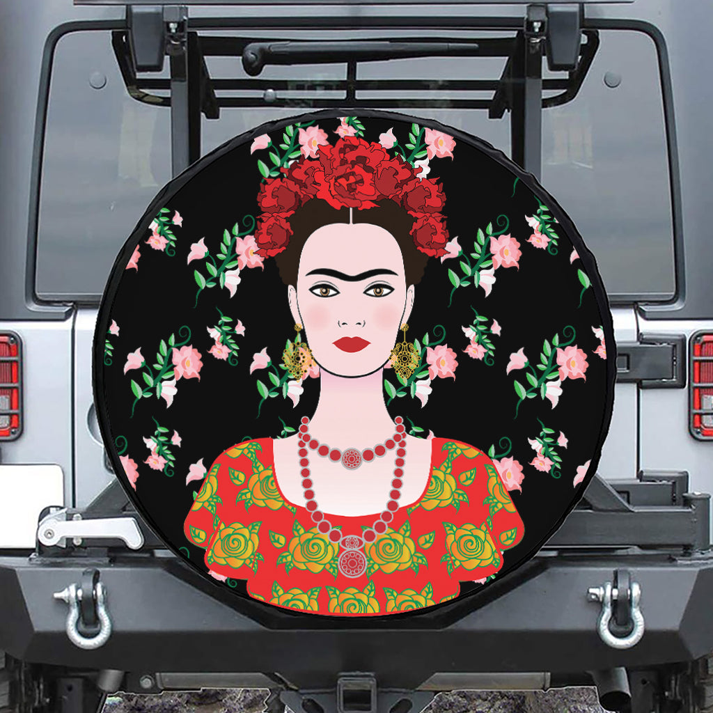 Frida Kahlo And Pink Flower Print Leather Spare Tire Cover