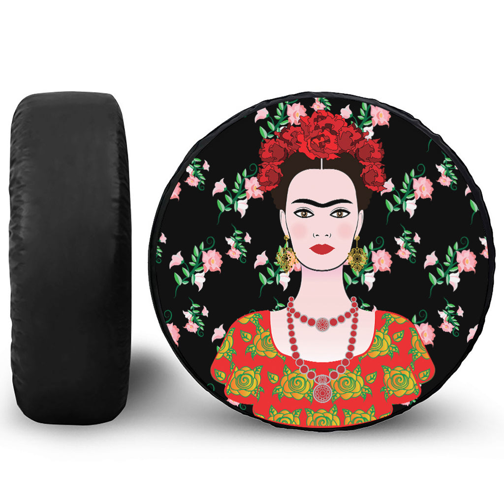 Frida Kahlo And Pink Flower Print Leather Spare Tire Cover