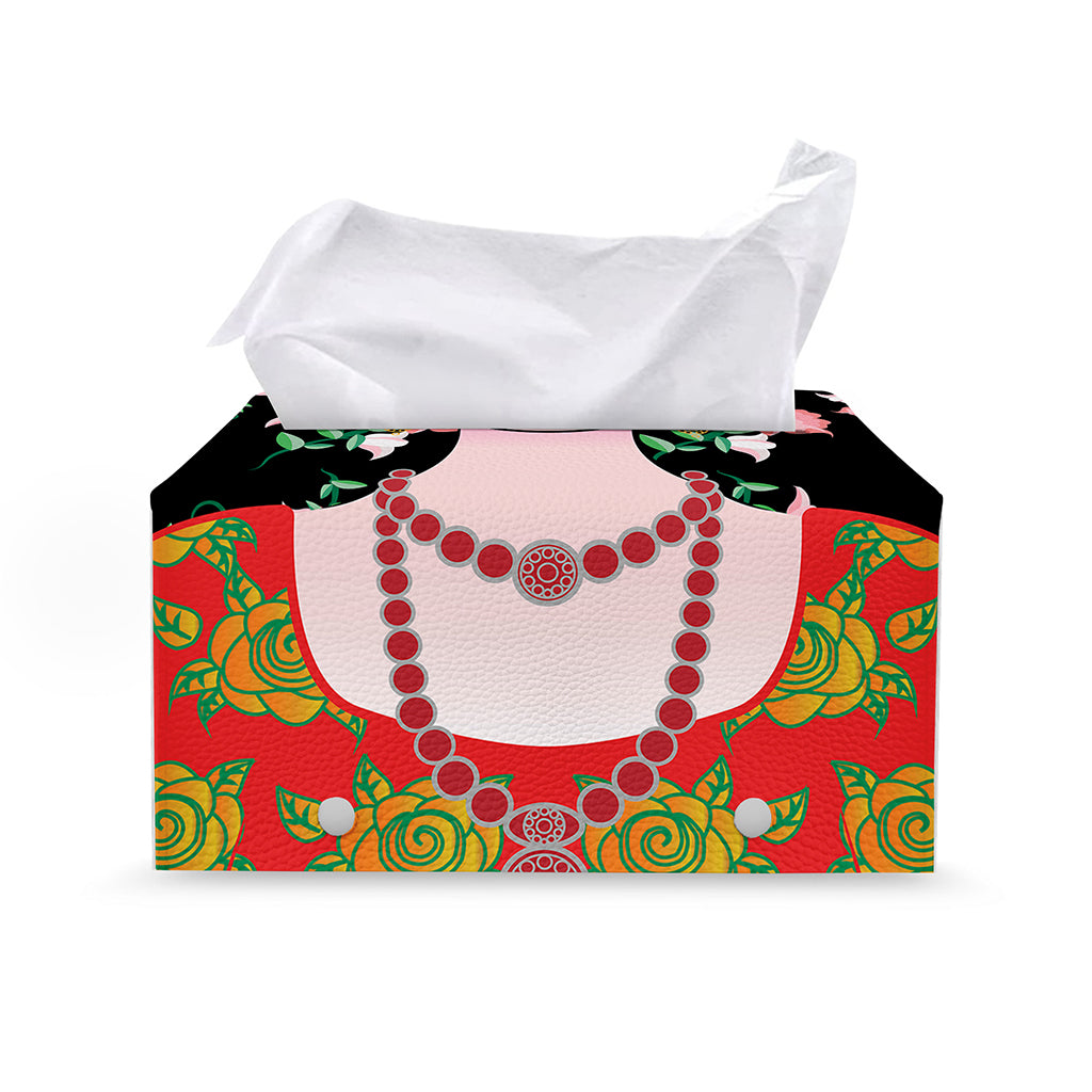 Frida Kahlo And Pink Flower Print Leather Tissue Box Cover