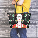 Frida Kahlo And Pink Flower Print Leather Tote Bag