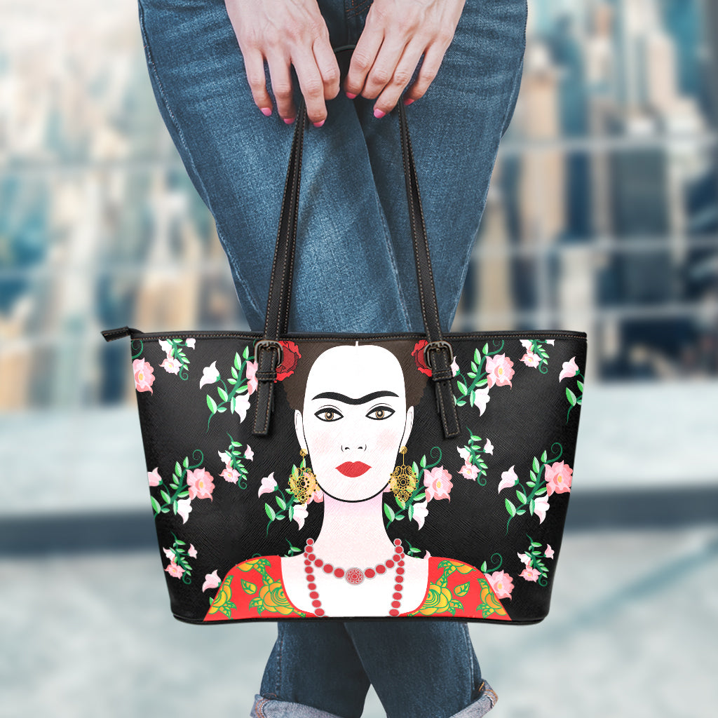 Frida Kahlo And Pink Flower Print Leather Tote Bag