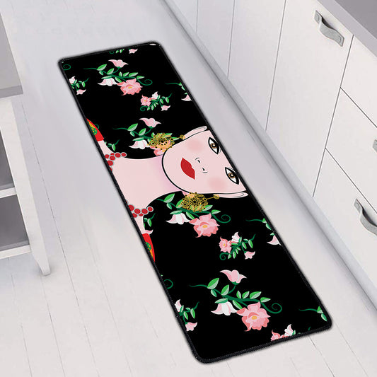 Frida Kahlo And Pink Flower Print Long Kitchen Mat