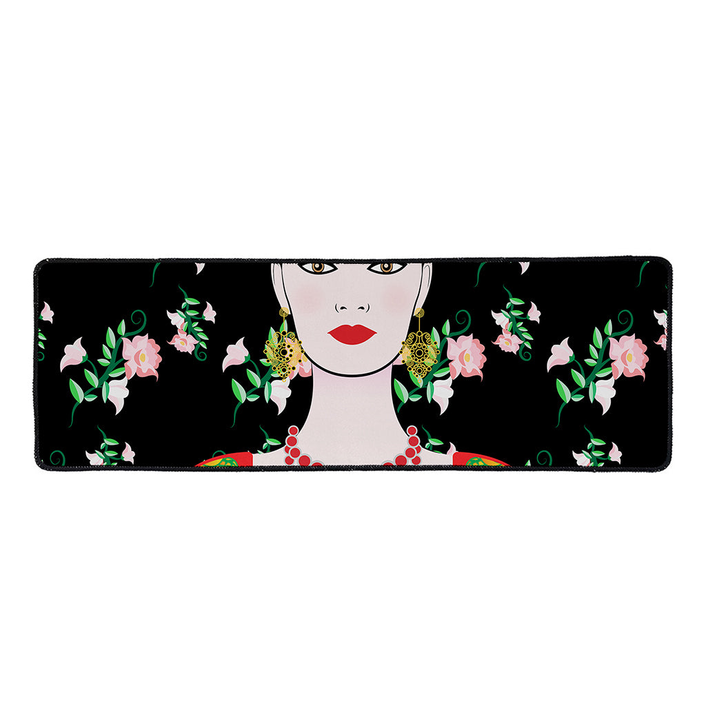 Frida Kahlo And Pink Flower Print Long Kitchen Mat