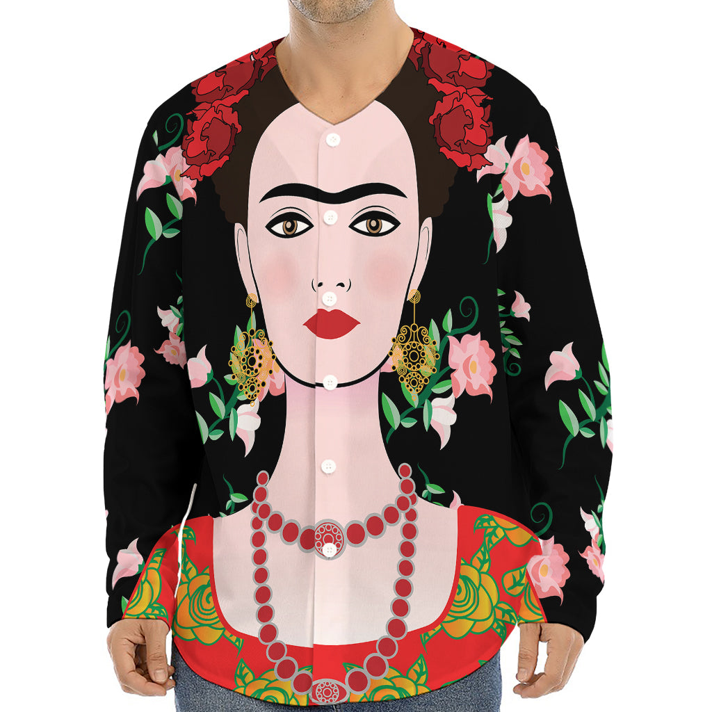 Frida Kahlo And Pink Flower Print Long Sleeve Baseball Jersey