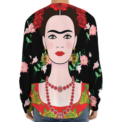 Frida Kahlo And Pink Flower Print Long Sleeve Baseball Jersey
