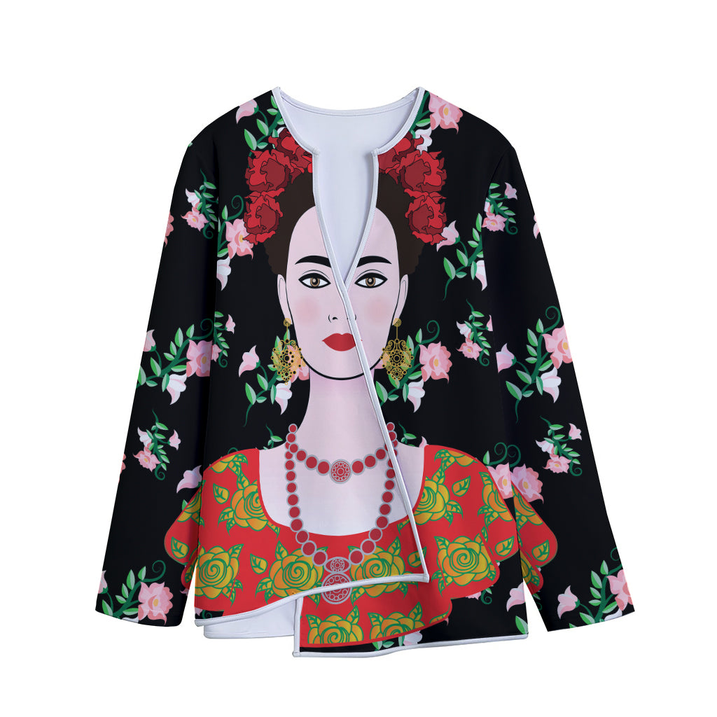 Frida Kahlo And Pink Flower Print Long Sleeve Short Coat