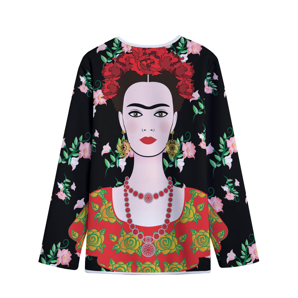 Frida Kahlo And Pink Flower Print Long Sleeve Short Coat