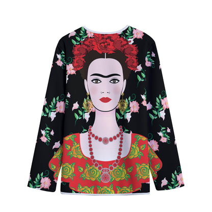Frida Kahlo And Pink Flower Print Long Sleeve Short Coat