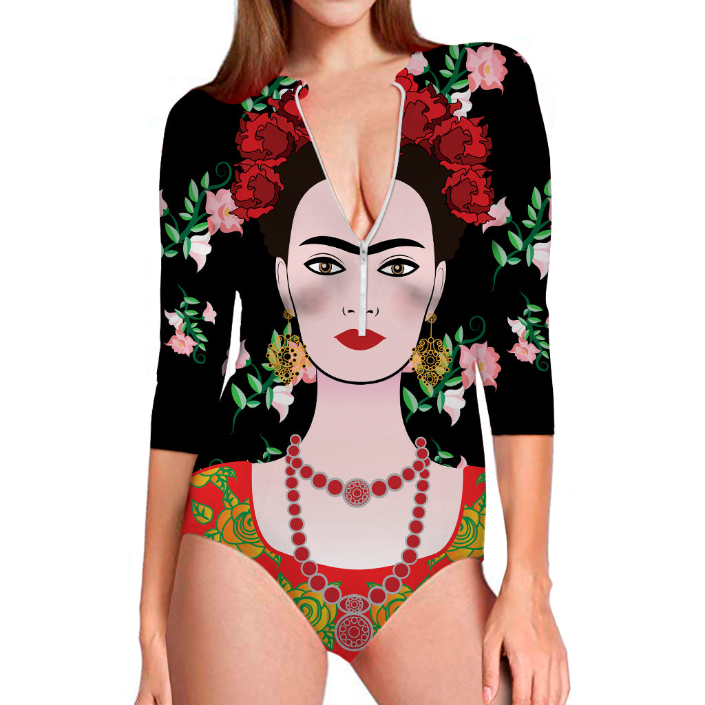 Frida Kahlo And Pink Flower Print Long Sleeve Swimsuit