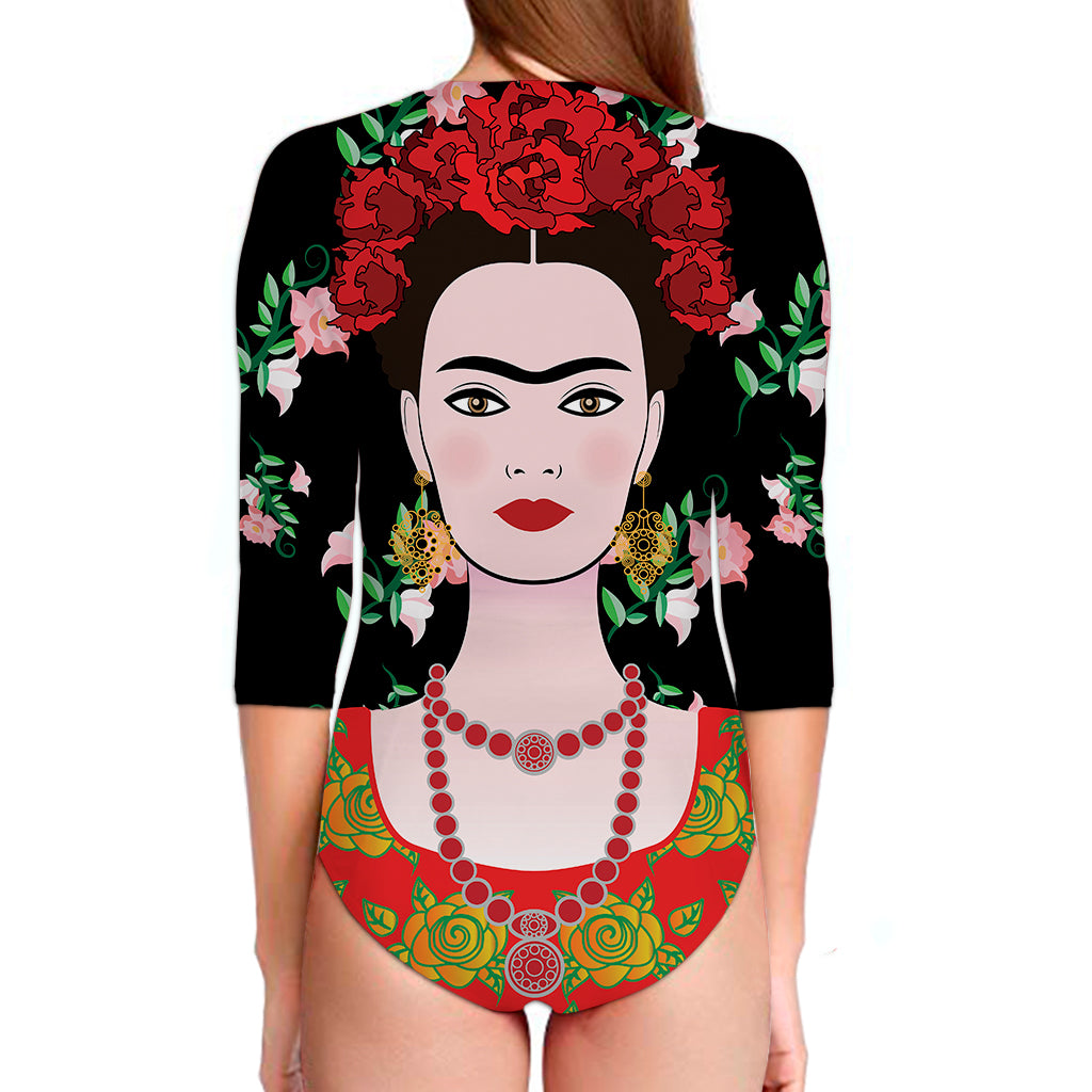 Frida Kahlo And Pink Flower Print Long Sleeve Swimsuit