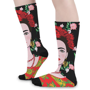 Frida Kahlo And Pink Flower Print Long Socks