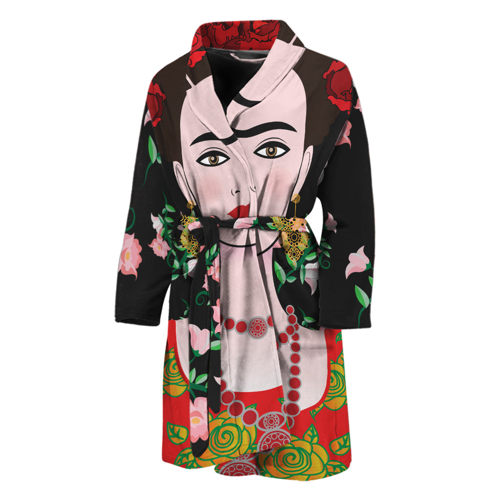 Frida Kahlo And Pink Flower Print Men's Bathrobe