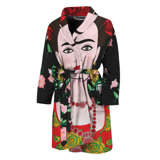 Frida Kahlo And Pink Flower Print Men's Bathrobe