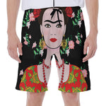 Frida Kahlo And Pink Flower Print Men's Beach Shorts