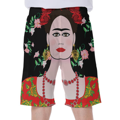Frida Kahlo And Pink Flower Print Men's Beach Shorts