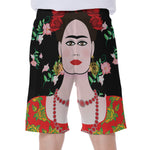 Frida Kahlo And Pink Flower Print Men's Beach Shorts