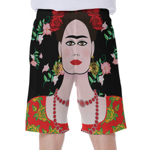 Frida Kahlo And Pink Flower Print Men's Beach Shorts