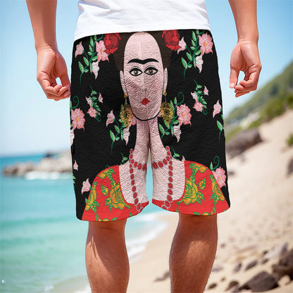 Frida Kahlo And Pink Flower Print Men's Cargo Shorts
