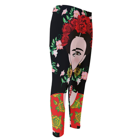 Frida Kahlo And Pink Flower Print Men's Compression Pants