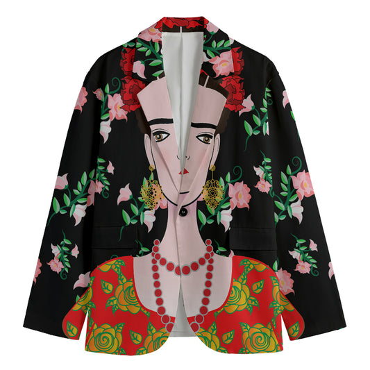 Frida Kahlo And Pink Flower Print Men's Cotton Blazer