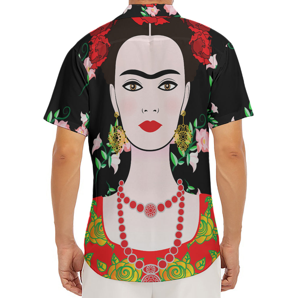 Frida Kahlo And Pink Flower Print Men's Deep V-Neck Shirt