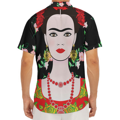 Frida Kahlo And Pink Flower Print Men's Deep V-Neck Shirt