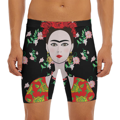 Frida Kahlo And Pink Flower Print Men's Long Boxer Briefs