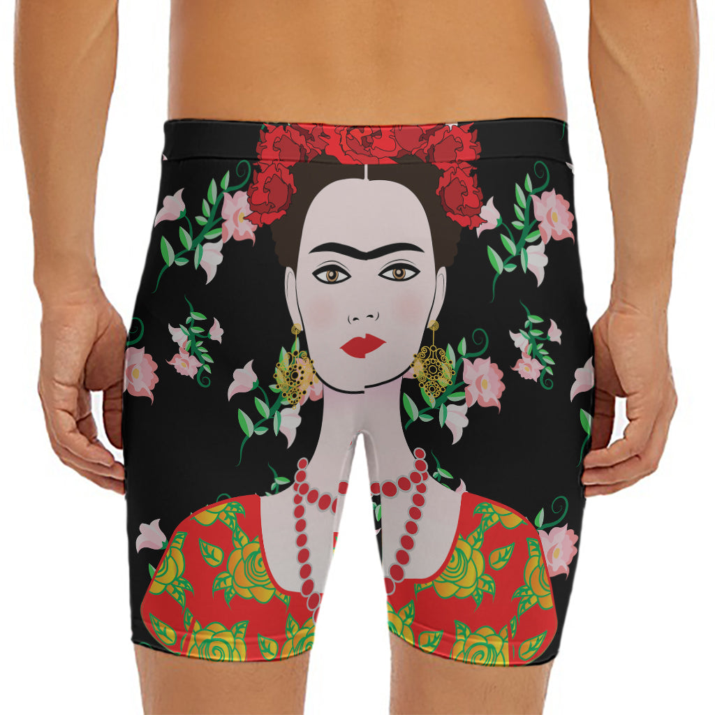 Frida Kahlo And Pink Flower Print Men's Long Boxer Briefs