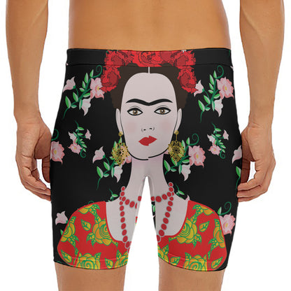 Frida Kahlo And Pink Flower Print Men's Long Boxer Briefs
