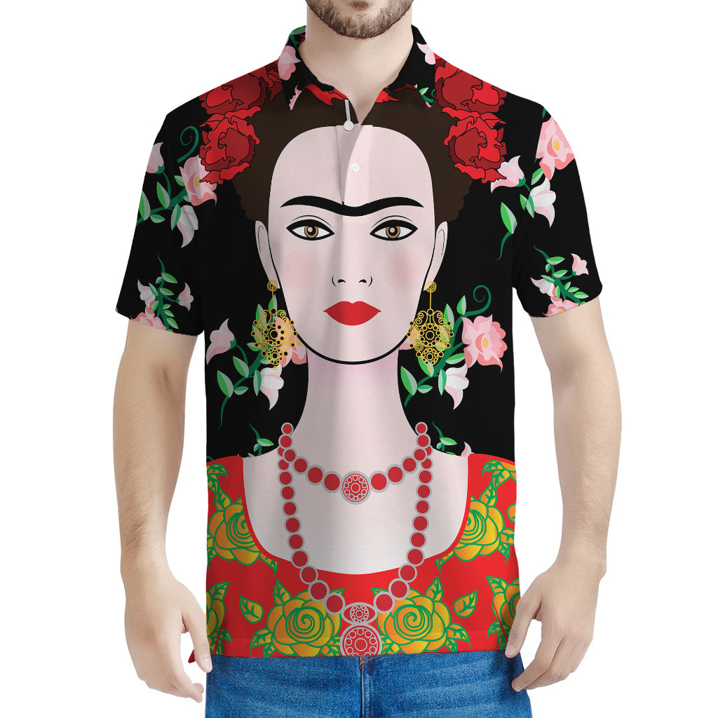 Frida Kahlo And Pink Flower Print Men's Polo Shirt