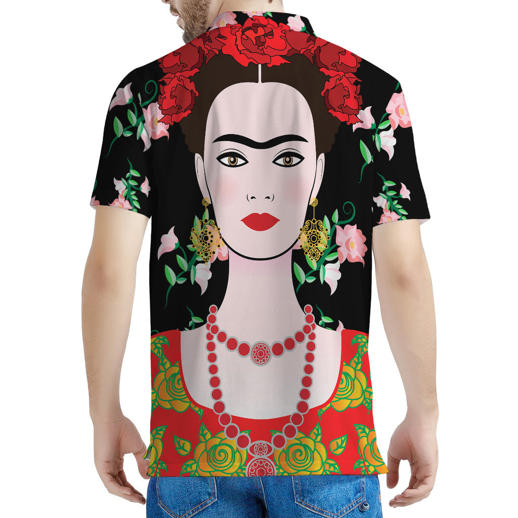 Frida Kahlo And Pink Flower Print Men's Polo Shirt
