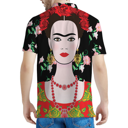 Frida Kahlo And Pink Flower Print Men's Polo Shirt