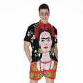 Frida Kahlo And Pink Flower Print Men's Romper