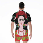 Frida Kahlo And Pink Flower Print Men's Rompers