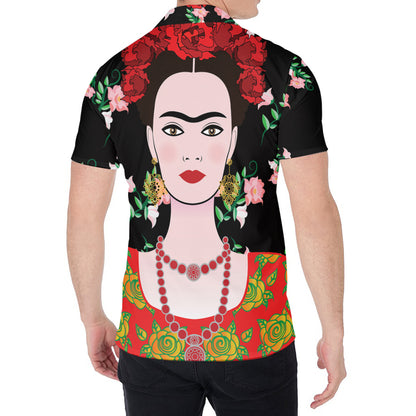 Frida Kahlo And Pink Flower Print Men's Shirt