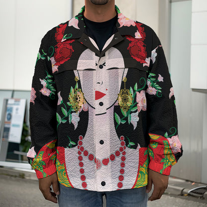 Frida Kahlo And Pink Flower Print Men's Shirt Jacket