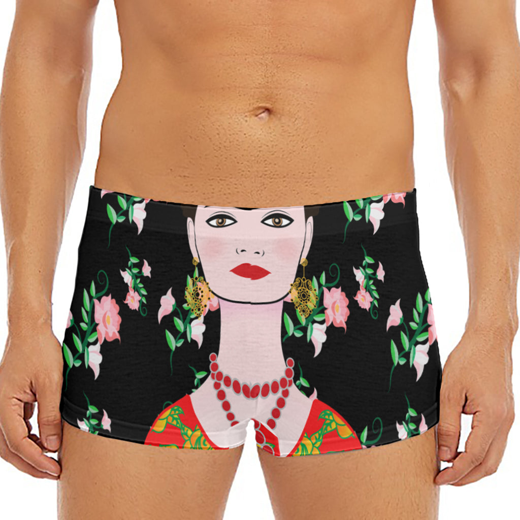 Frida Kahlo And Pink Flower Print Men's Short Boxer Briefs