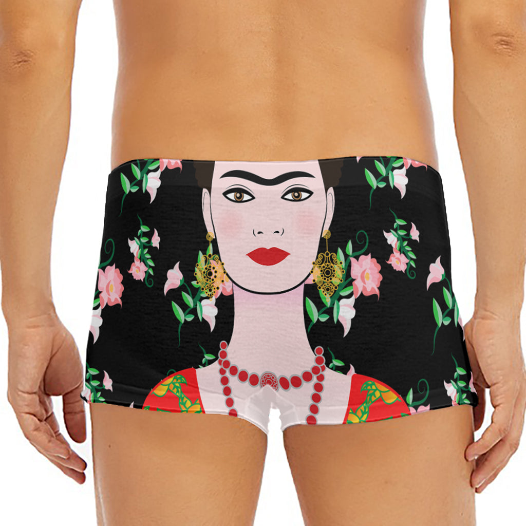 Frida Kahlo And Pink Flower Print Men's Short Boxer Briefs
