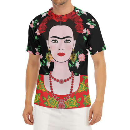 Frida Kahlo And Pink Flower Print Men's Short Sleeve Rash Guard