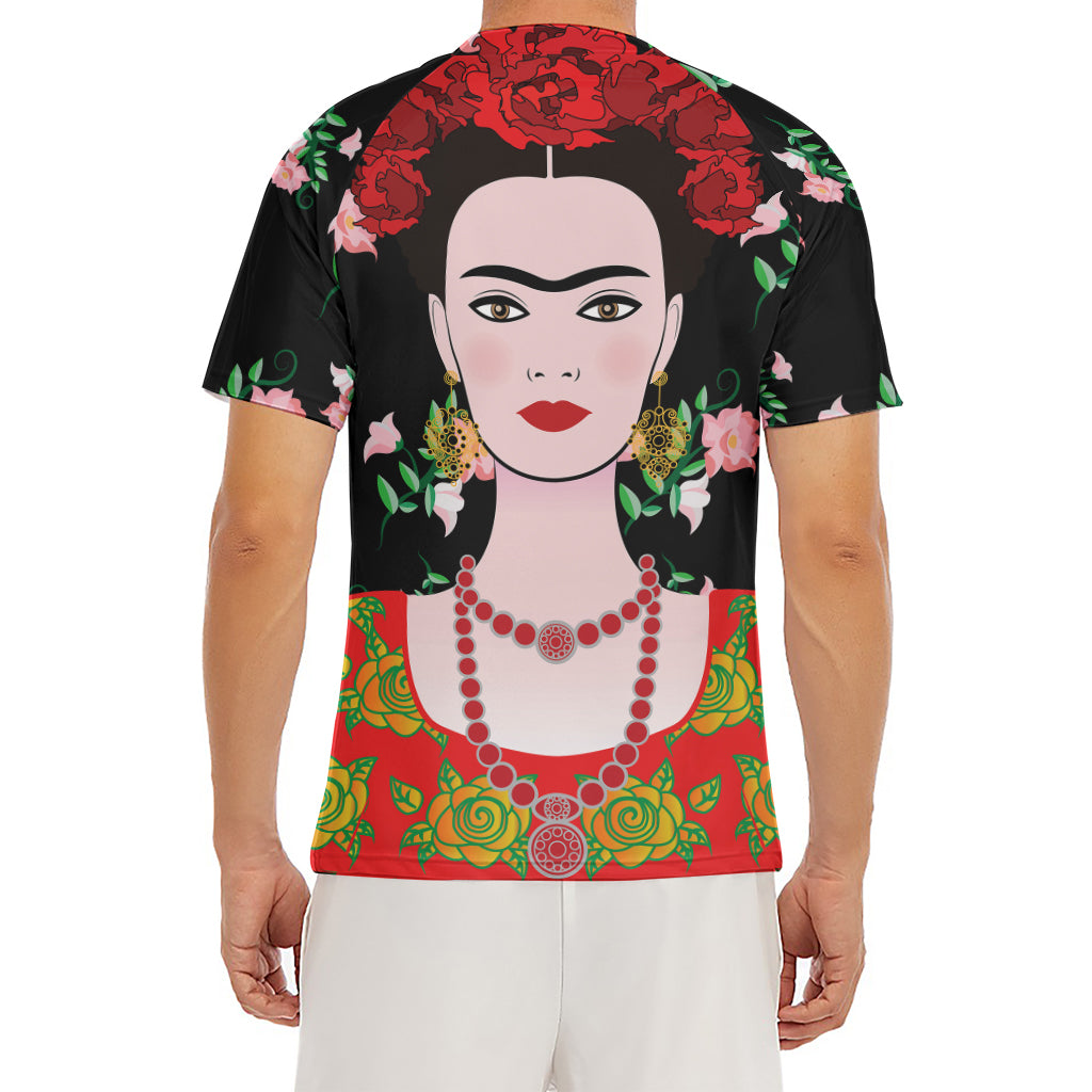 Frida Kahlo And Pink Flower Print Men's Short Sleeve Rash Guard