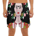 Frida Kahlo And Pink Flower Print Men's Split Running Shorts