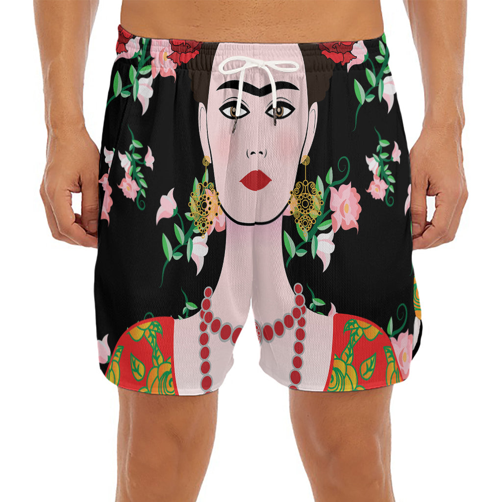 Frida Kahlo And Pink Flower Print Men's Split Running Shorts