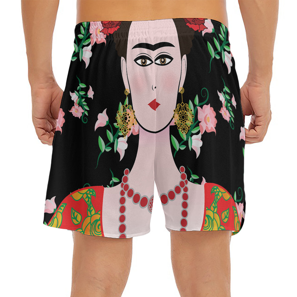 Frida Kahlo And Pink Flower Print Men's Split Running Shorts