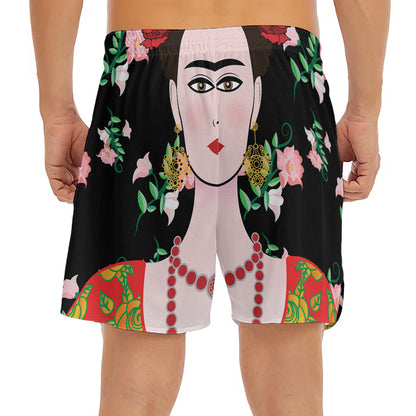 Frida Kahlo And Pink Flower Print Men's Split Running Shorts