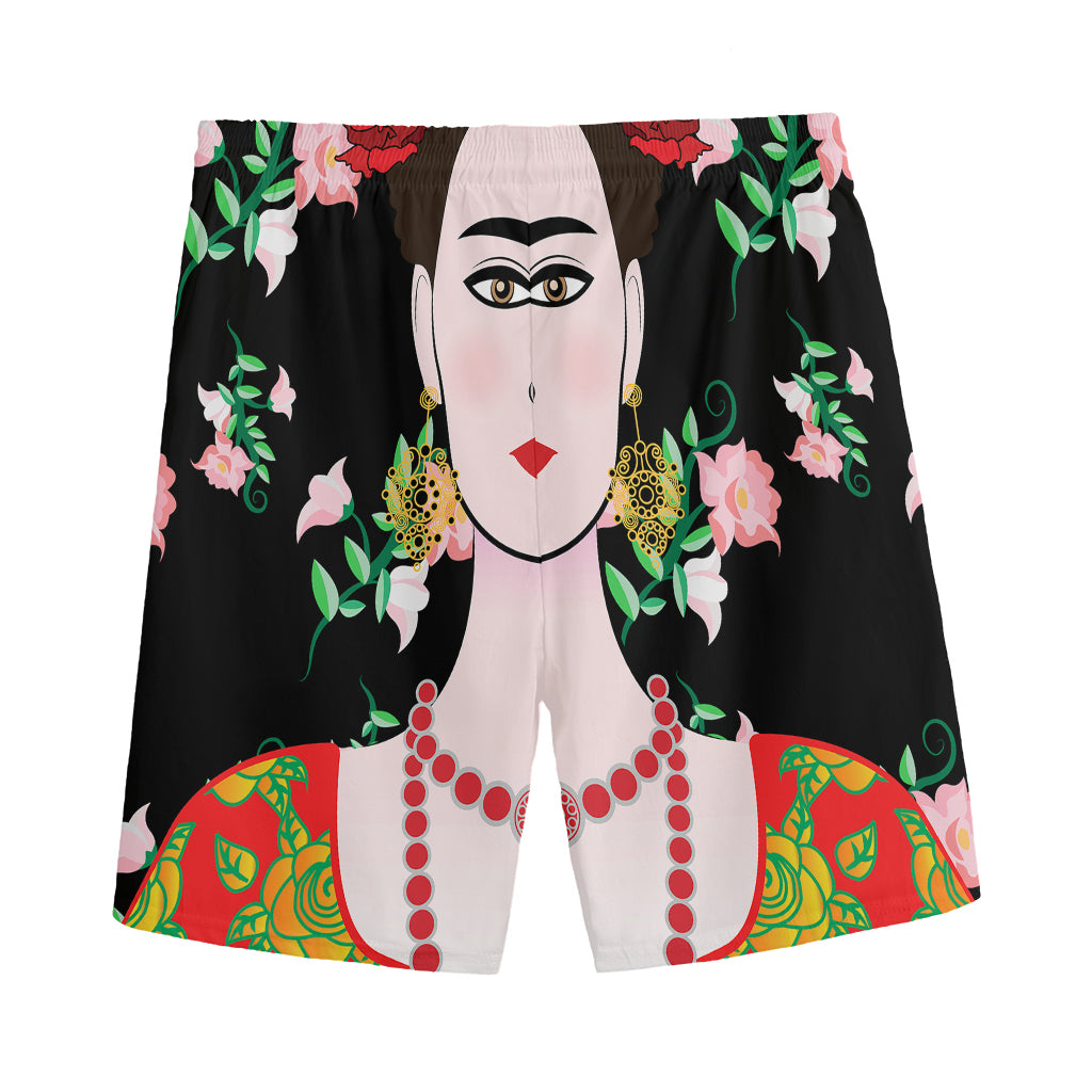 Frida Kahlo And Pink Flower Print Men's Sports Shorts