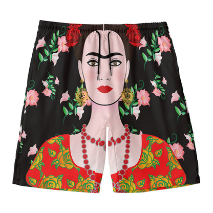 Frida Kahlo And Pink Flower Print Men's Swim Trunks
