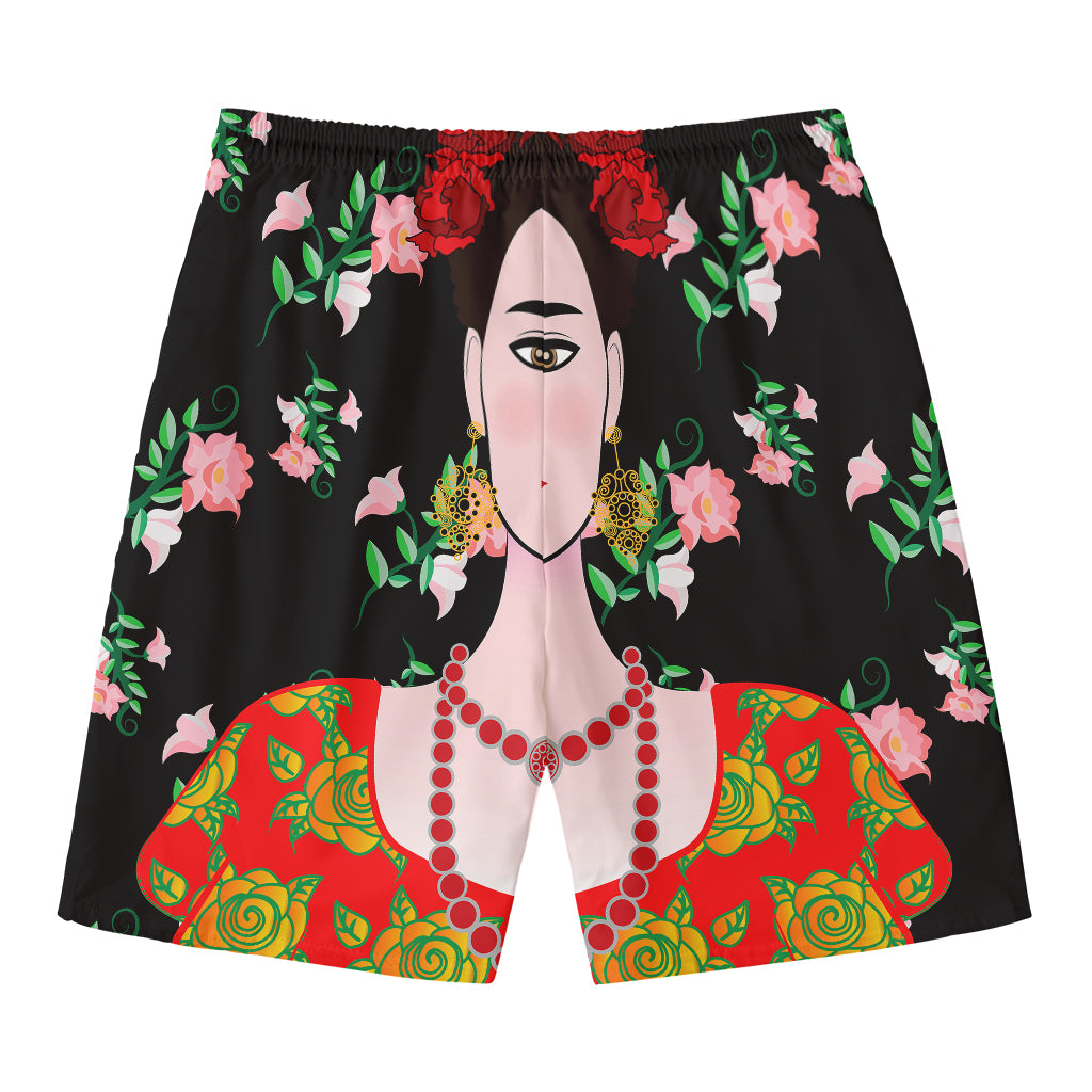 Frida Kahlo And Pink Flower Print Men's Swim Trunks