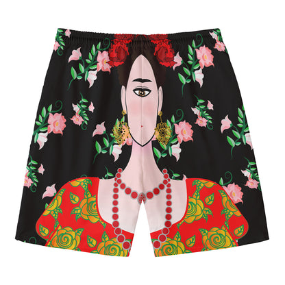 Frida Kahlo And Pink Flower Print Men's Swim Trunks