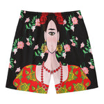 Frida Kahlo And Pink Flower Print Men's Swim Trunks