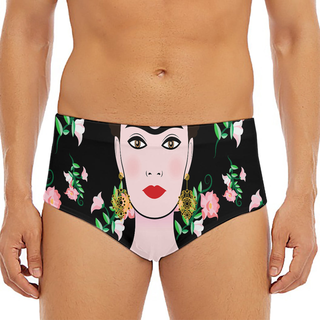 Frida Kahlo And Pink Flower Print Men's Triangle Swim Briefs